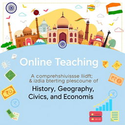 A visually appealing cover page for an online teaching program in India featuring a blend of History, Geography, Civics, and Economics