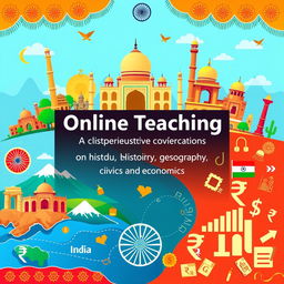 A visually appealing cover page for an online teaching program in India featuring a blend of History, Geography, Civics, and Economics