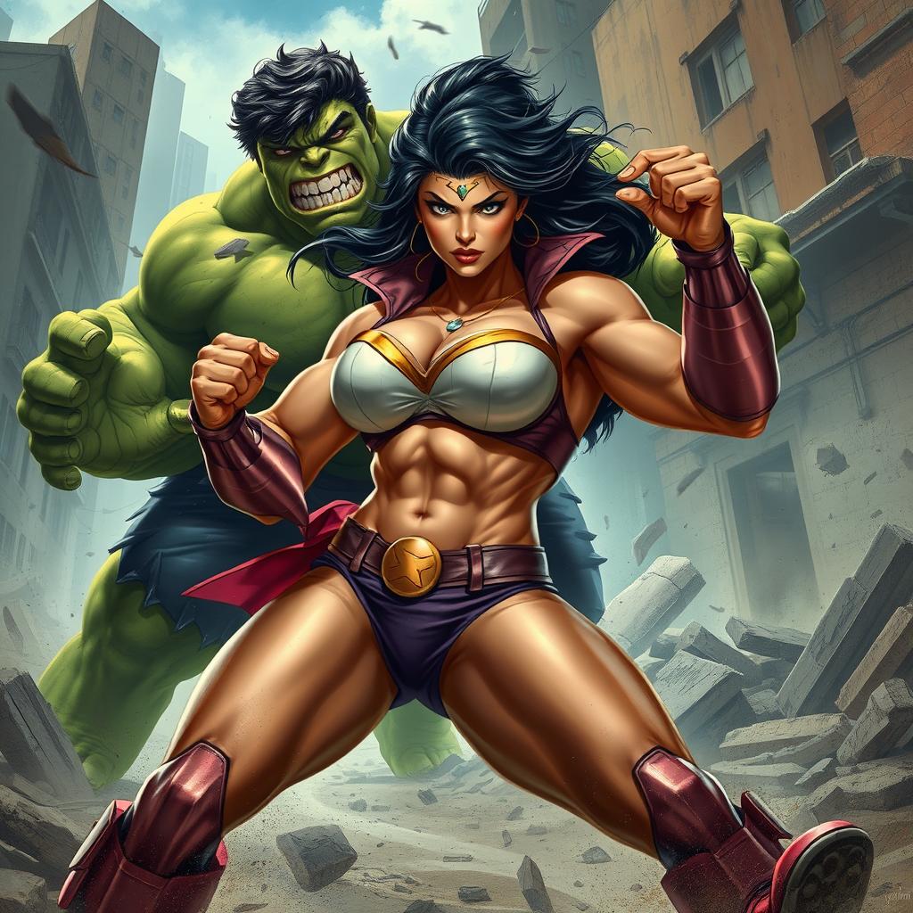 A powerful, fantastical scene depicting a large, muscular woman with exaggerated features, representing strength and confidence