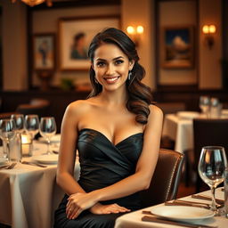 A stunning portrait of an attractive woman with a size 2 bust, seated at an elegantly set restaurant table
