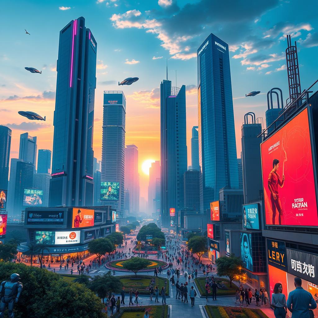 A futuristic digital cityscape featuring soaring skyscrapers made of glass and metal, illuminated by colorful neon lights