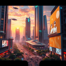A futuristic digital cityscape featuring soaring skyscrapers made of glass and metal, illuminated by colorful neon lights