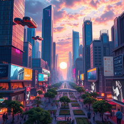 A futuristic digital cityscape featuring soaring skyscrapers made of glass and metal, illuminated by colorful neon lights