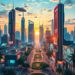 A futuristic digital cityscape featuring soaring skyscrapers made of glass and metal, illuminated by colorful neon lights