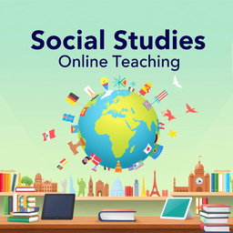 A visually engaging cover page for an online social studies course featuring an illustrated globe surrounded by diverse cultural symbols, such as flags from various countries, historical monuments, and iconic landmarks
