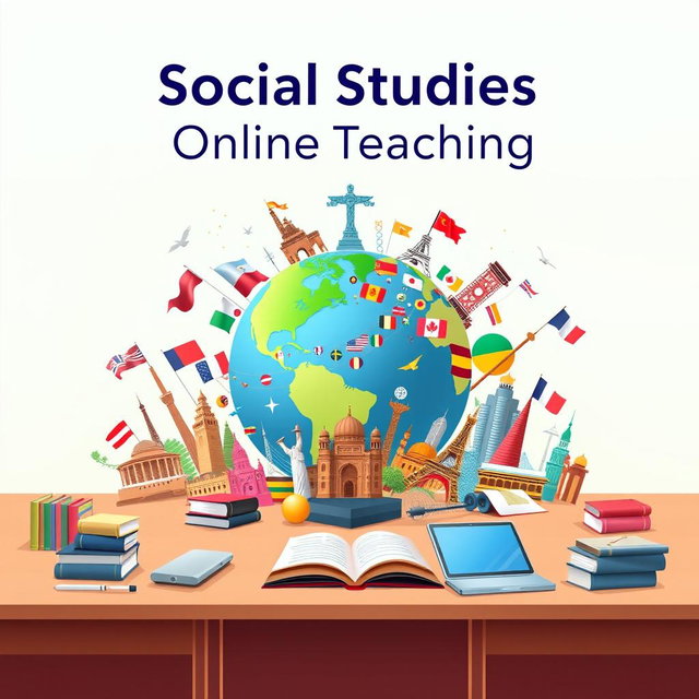 A visually engaging cover page for an online social studies course featuring an illustrated globe surrounded by diverse cultural symbols, such as flags from various countries, historical monuments, and iconic landmarks
