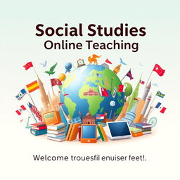 A visually engaging cover page for an online social studies course featuring an illustrated globe surrounded by diverse cultural symbols, such as flags from various countries, historical monuments, and iconic landmarks