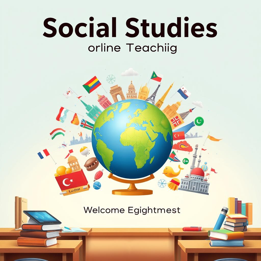 A visually engaging cover page for an online social studies course featuring an illustrated globe surrounded by diverse cultural symbols, such as flags from various countries, historical monuments, and iconic landmarks
