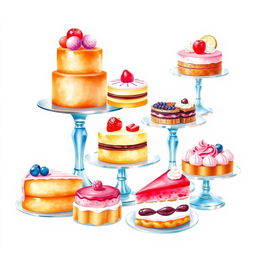 A delightful dessert display featuring an array of beautifully crafted pastries, cakes, and tarts, artistically arranged on elegant stands