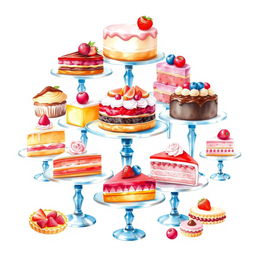 A delightful dessert display featuring an array of beautifully crafted pastries, cakes, and tarts, artistically arranged on elegant stands