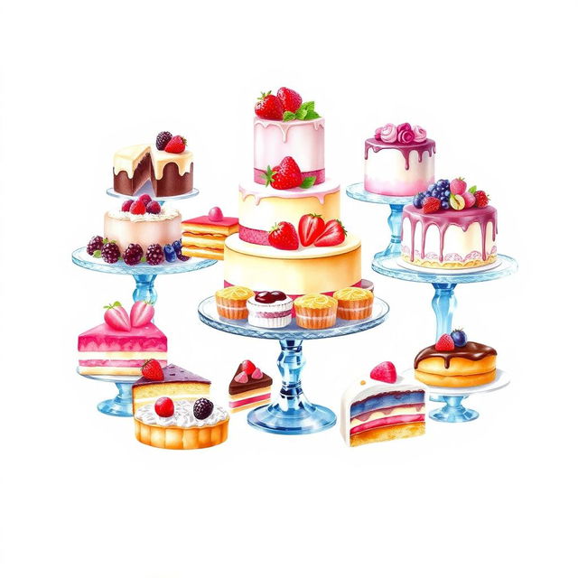 A delightful dessert display featuring an array of beautifully crafted pastries, cakes, and tarts, artistically arranged on elegant stands