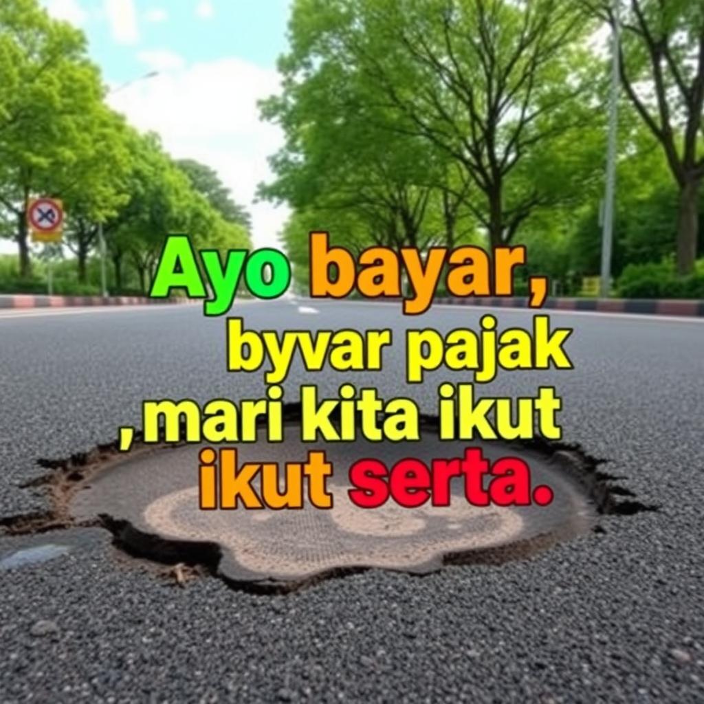 A visually impactful image illustrating a pothole on a road, with clear weather conditions and the phrase 'Ayo bayar pajak, mari kita ikut serta' displayed in bold letters overlaying the scene