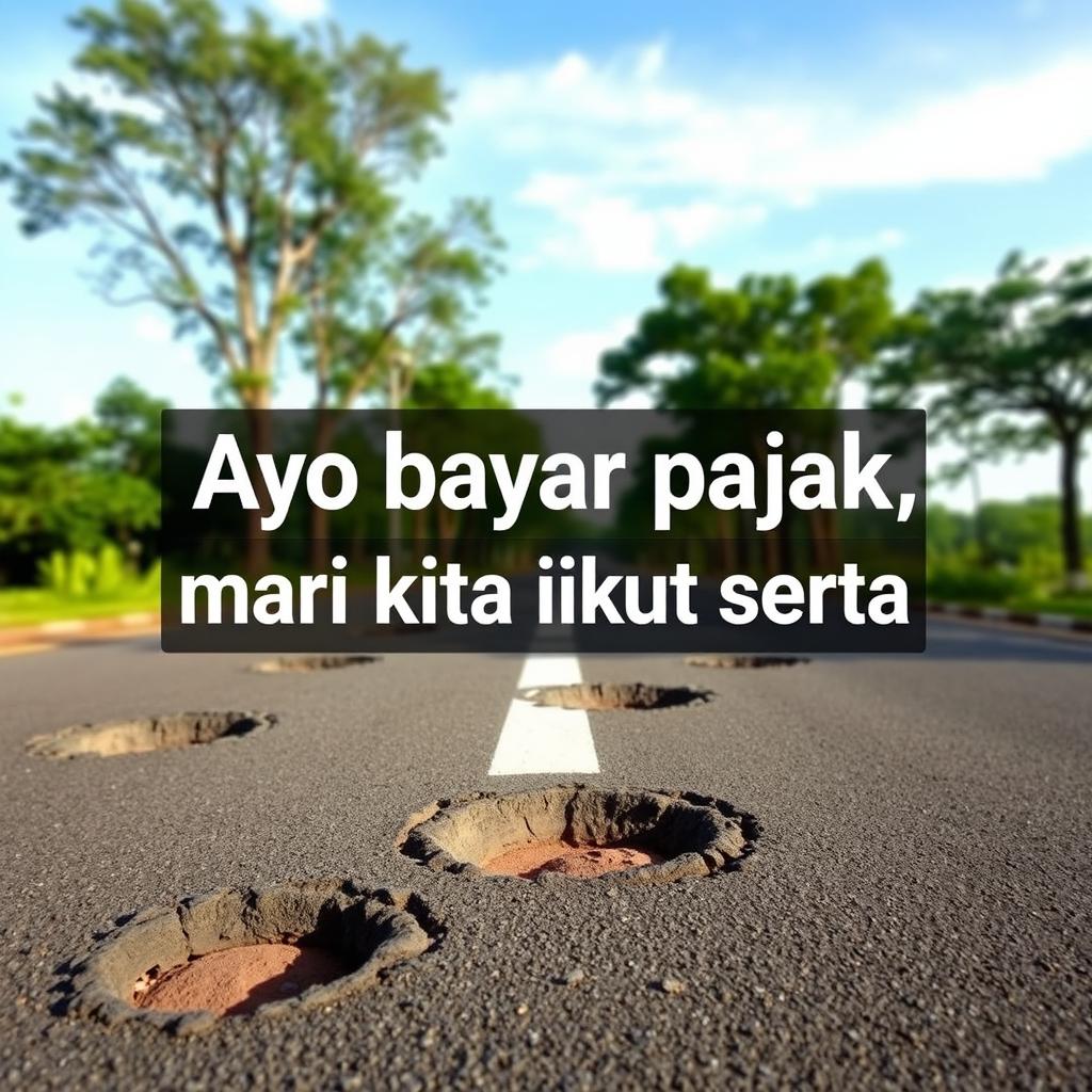 A visually engaging image depicting a road with multiple potholes, prominently featuring a motivational text overlay that says "Ayo bayar pajak, mari kita ikut serta"