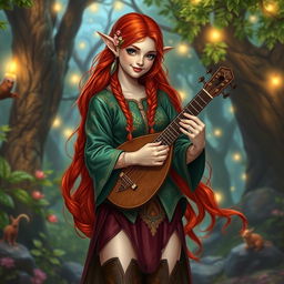 A stunning redhead elf bard, portrayed as a beautiful fantasy character in a vibrant Dungeons & Dragons setting