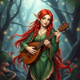 A stunning redhead elf bard, portrayed as a beautiful fantasy character in a vibrant Dungeons & Dragons setting