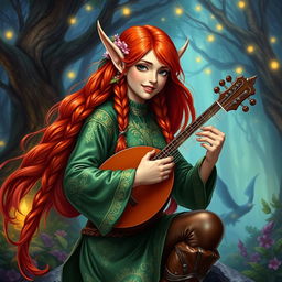 A stunning redhead elf bard, portrayed as a beautiful fantasy character in a vibrant Dungeons & Dragons setting