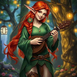 A stunning redhead elf bard, portrayed as a beautiful fantasy character in a vibrant Dungeons & Dragons setting