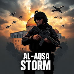 A dynamic and powerful poster representing the Al-Aqsa Storm military operation, featuring bold graphics and intense imagery