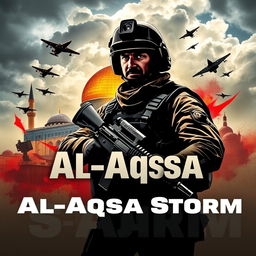 A dynamic and powerful poster representing the Al-Aqsa Storm military operation, featuring bold graphics and intense imagery