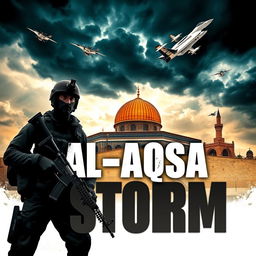 A dynamic and powerful poster representing the Al-Aqsa Storm military operation, featuring bold graphics and intense imagery
