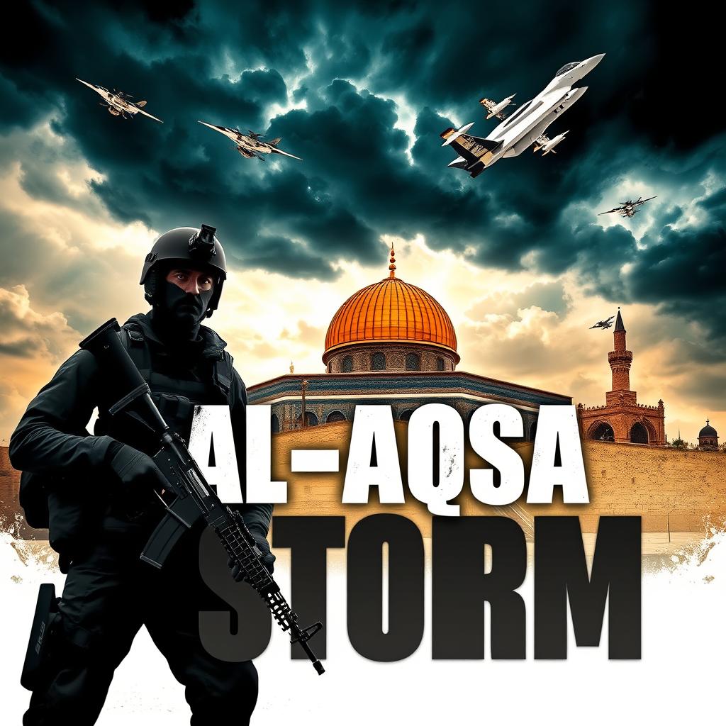 A dynamic and powerful poster representing the Al-Aqsa Storm military operation, featuring bold graphics and intense imagery
