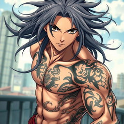 A handsome anime guy with long flowing hair, striking grey eyes, showcasing a muscular physique