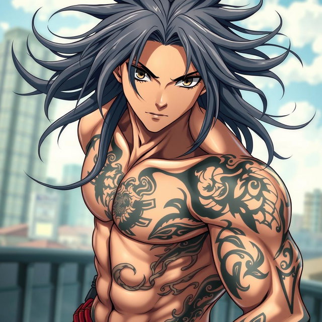 A handsome anime guy with long flowing hair, striking grey eyes, showcasing a muscular physique