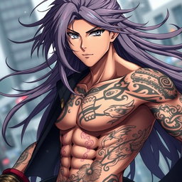 A handsome anime guy with long flowing hair, striking grey eyes, showcasing a muscular physique