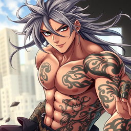A handsome anime guy with long flowing hair, striking grey eyes, showcasing a muscular physique