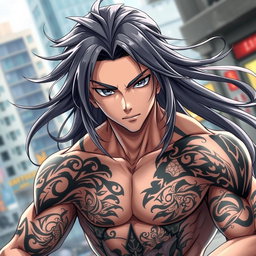A handsome anime guy with long flowing hair, striking grey eyes, showcasing a muscular physique