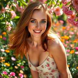 A stunning portrait of a white woman with flowing chestnut hair, striking blue eyes, and a radiant smile