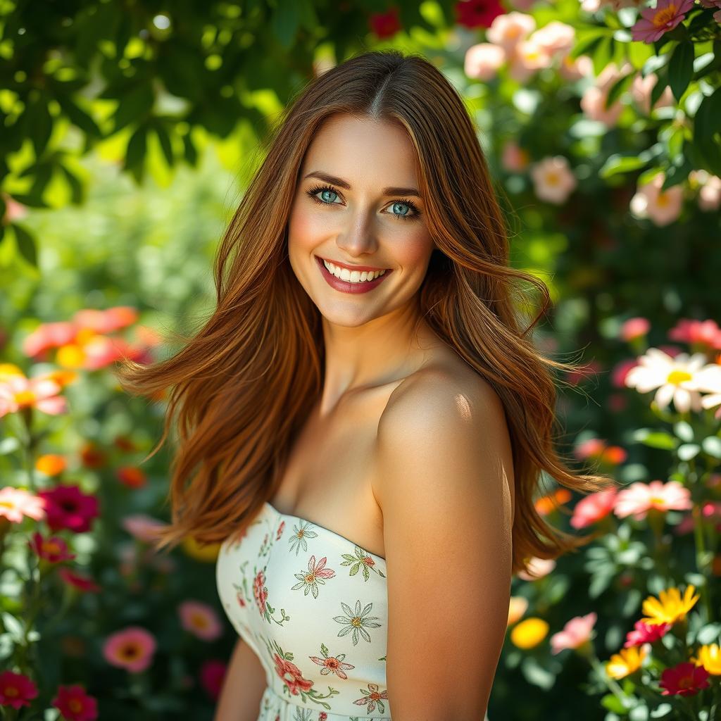 A stunning portrait of a white woman with flowing chestnut hair, striking blue eyes, and a radiant smile