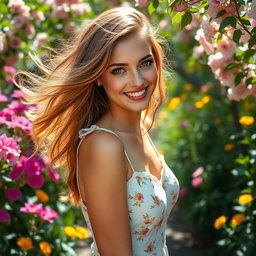 A stunning portrait of a white woman with flowing chestnut hair, striking blue eyes, and a radiant smile