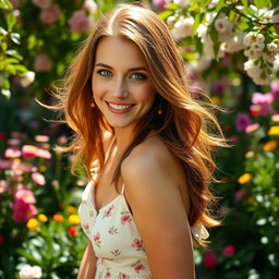 A stunning portrait of a white woman with flowing chestnut hair, striking blue eyes, and a radiant smile