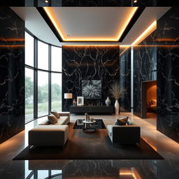 A modern and luxurious interior space featuring a beautifully designed room with black granite walls that reflect light elegantly