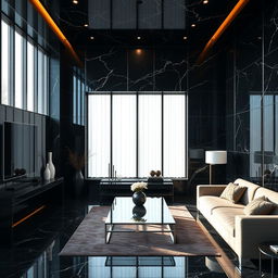 A modern and luxurious interior space featuring a beautifully designed room with black granite walls that reflect light elegantly