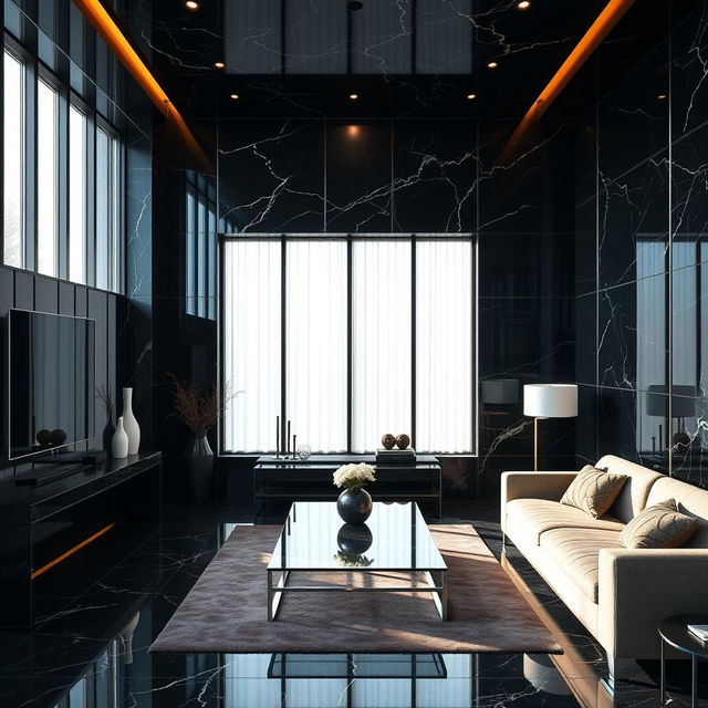 A modern and luxurious interior space featuring a beautifully designed room with black granite walls that reflect light elegantly