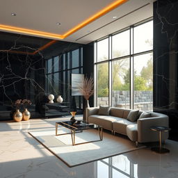 A modern and luxurious interior space featuring a beautifully designed room with black granite walls that reflect light elegantly