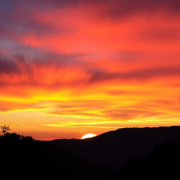 A realistic image featuring a scenic sunset with vibrant colors filling the sky, embracing hues of orange, pink, and purple