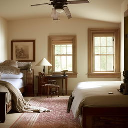 A traditional home interior with a bed, a sofa, a computer table, all perfectly arranged and offering a warm, welcoming atmosphere.