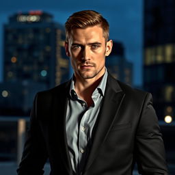 A man dressed in a sleek black suit, standing confidently with a serious expression