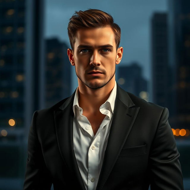 A man dressed in a sleek black suit, standing confidently with a serious expression