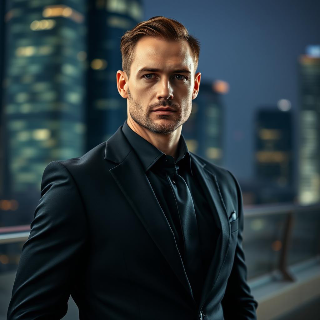 A man dressed in a sleek black suit, standing confidently with a serious expression