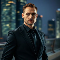 A man dressed in a sleek black suit, standing confidently with a serious expression