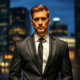 A man dressed in a sleek black suit, standing confidently with a serious expression