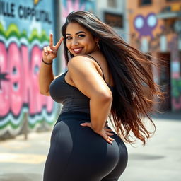 A confident young woman with a curvy figure, prominently featuring a big butt