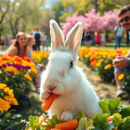A cute rabbit eating its food happily, situated in a vibrant park filled with people enjoying their day