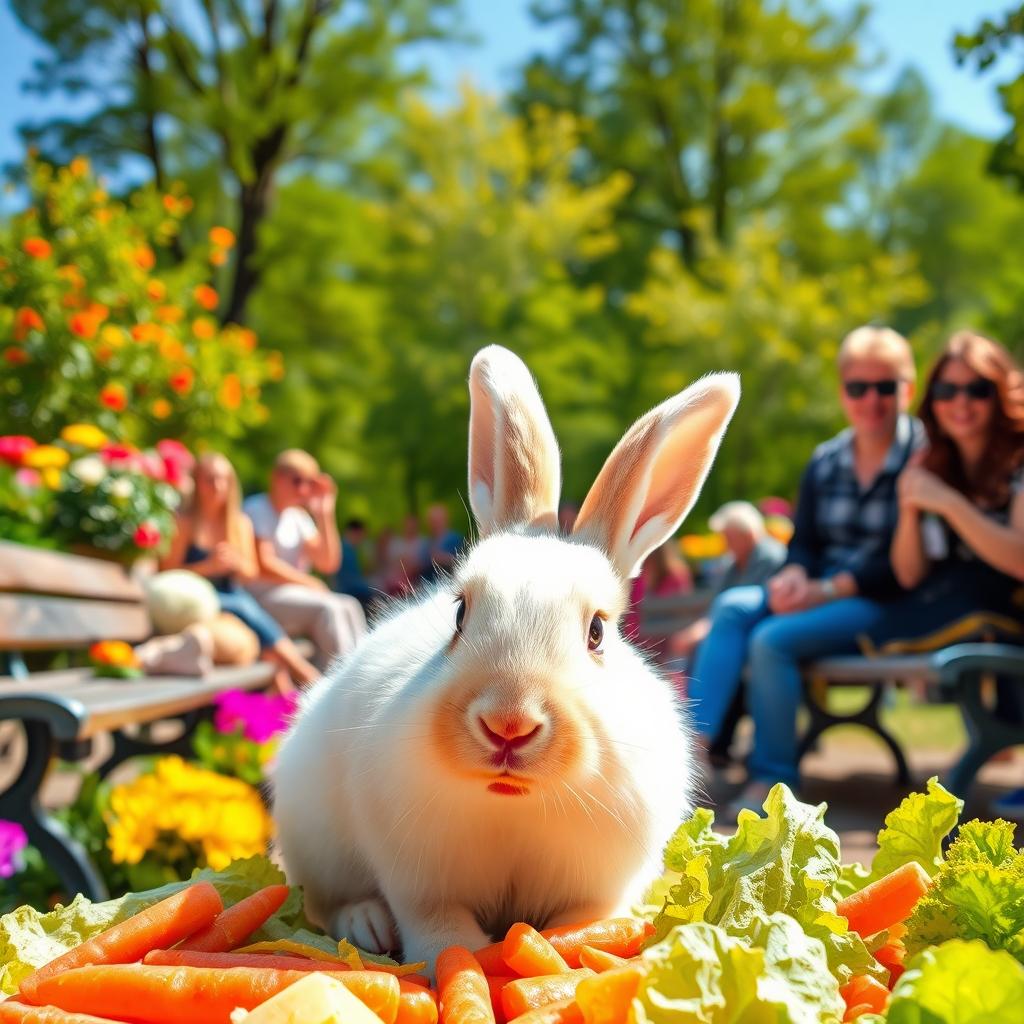 A cute rabbit eating its food happily, situated in a vibrant park filled with people enjoying their day