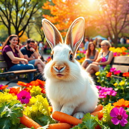 A cute rabbit eating its food happily, situated in a vibrant park filled with people enjoying their day