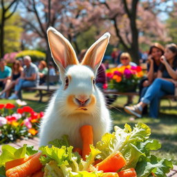 A cute rabbit eating its food happily, situated in a vibrant park filled with people enjoying their day